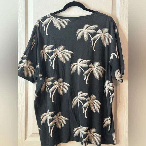 Men's Allsaints Black Pocketed T-Shirt With Cream Palm Trees-Oversized -Size XXL